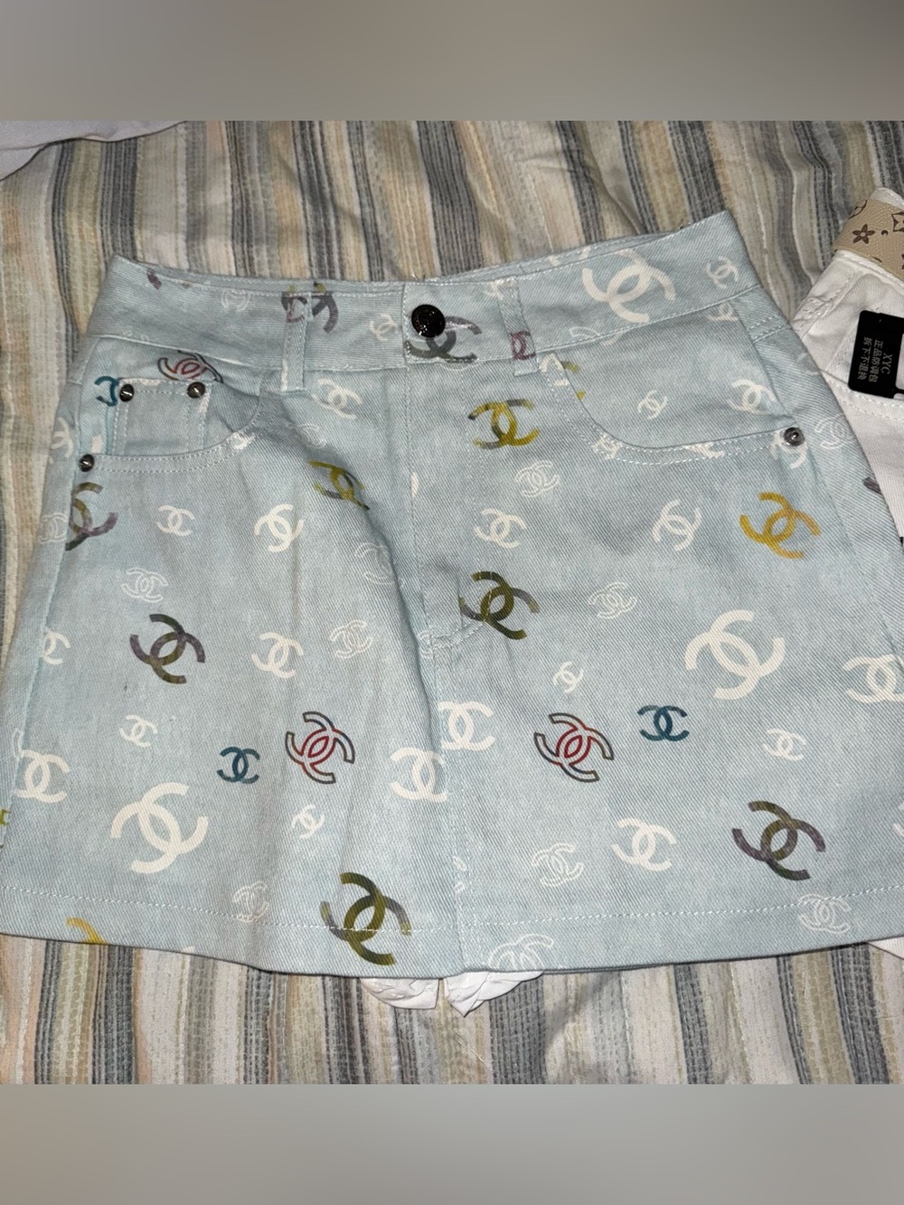 Light Blue Denim Mini Skirt with Multicolor CC Logos